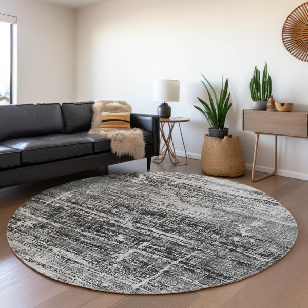 HomeRoots 5' Abstract Washable Area Rug in Black, Gray & Charcoal - Stylish Indoor/Outdoor Decor Solution 8' Round 584616