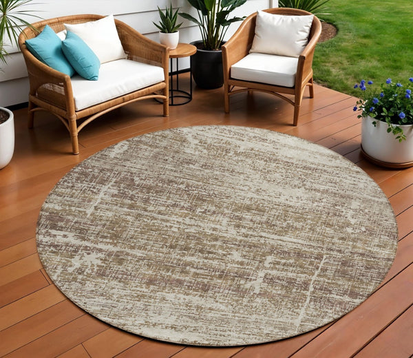 HomeRoots 5' Abstract Area Rug in Brown, Beige & Taupe - Stylish, Washable, Indoor/Outdoor, Versatile Design 8' Round 584622