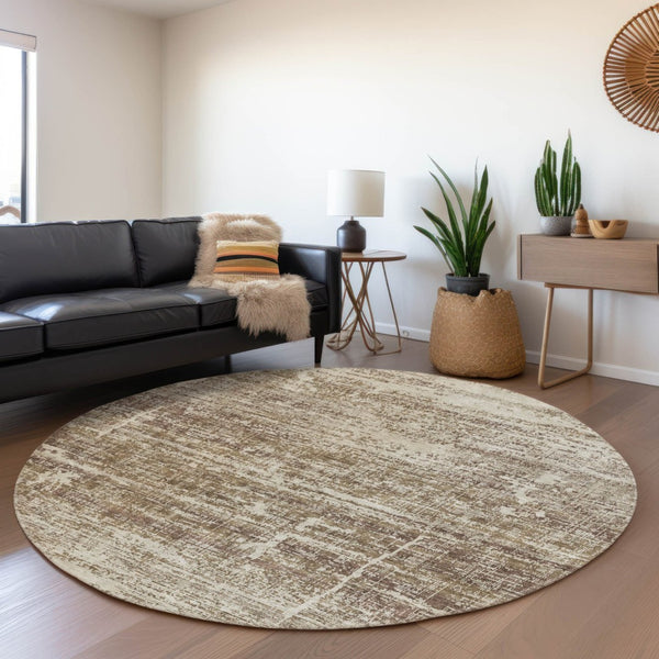 HomeRoots 5' Abstract Area Rug in Brown, Beige & Taupe - Stylish, Washable, Indoor/Outdoor, Versatile Design 8' Round 584622