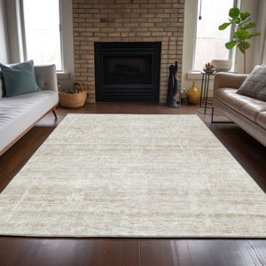 HomeRoots 5' Elegant Ivory Beige Tan Abstract Washable Area Rug for Indoor and Outdoor High-Traffic Spaces 8' X 10' 584641