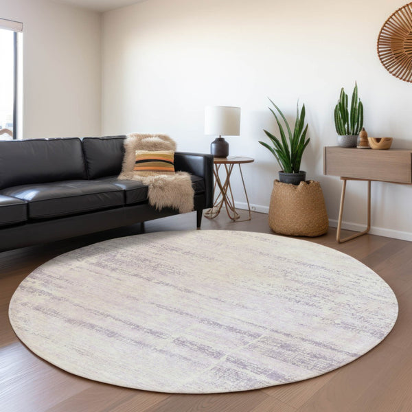 HomeRoots 5' Indoor Outdoor Lavender Purple and Ivory Abstract Area Rug – Modern, Washable, Durable Design 8' Round 584646