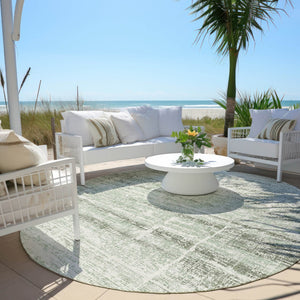 HomeRoots 5' Sage Artichoke Green and Ivory Abstract Area Rug - Washable, Durable Design for Indoor & Outdoor Use 8' Round 584652