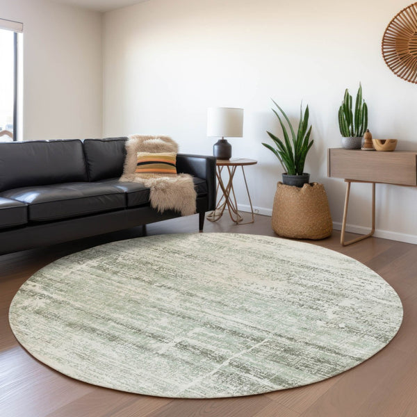 HomeRoots 5' Sage Artichoke Green and Ivory Abstract Area Rug - Washable, Durable Design for Indoor & Outdoor Use 8' Round 584652