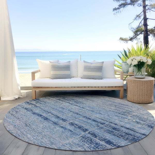 HomeRoots 5' Sky Blue and Navy Abstract Area Rug - Stylish Washable Design for Indoor and Outdoor Spaces 8' Round 584658