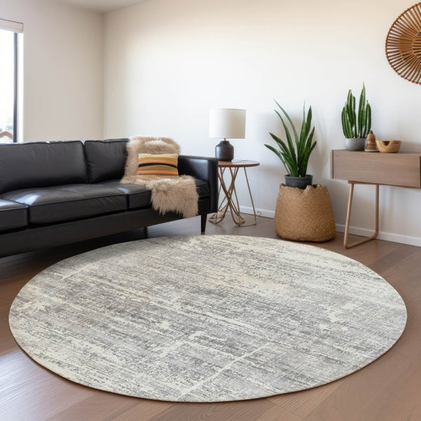 HomeRoots 5' Modern Silver Gray and Charcoal Abstract Area Rug - Durable, Washable for Indoor and Outdoor Use 8' Round 584664