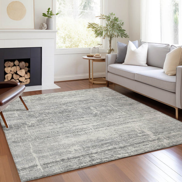 HomeRoots 9' Silver Gray and Charcoal Abstract Washable Area Rug for Indoor and Outdoor High-Traffic Spaces 9' X 12' 584666