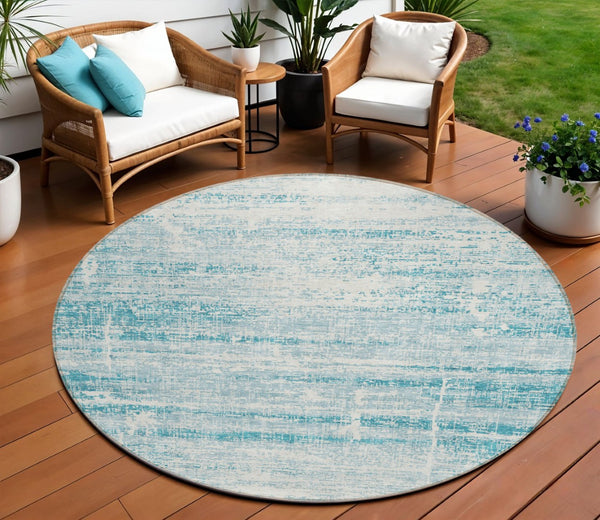 HomeRoots 5' Stylish Teal Blue Aqua Ivory Abstract Area Rug for Indoor & Outdoor Spaces – Easy Care & Durable 8' Round 584670