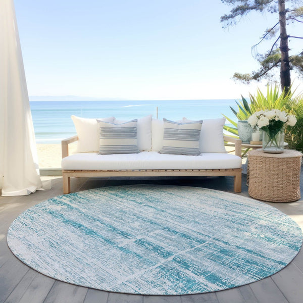 HomeRoots 5' Stylish Teal Blue Aqua Ivory Abstract Area Rug for Indoor & Outdoor Spaces – Easy Care & Durable 8' Round 584670