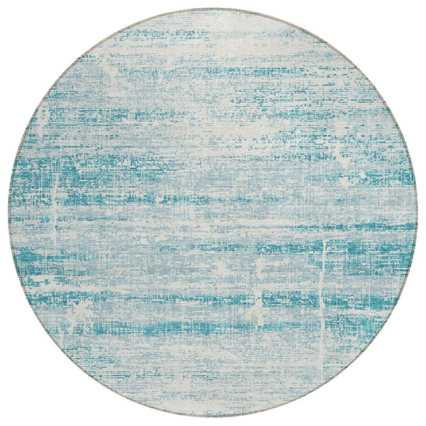 HomeRoots 5' Stylish Teal Blue Aqua Ivory Abstract Area Rug for Indoor & Outdoor Spaces – Easy Care & Durable 8' Round 584670