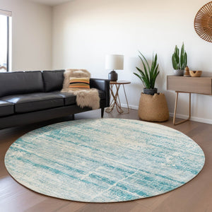 HomeRoots 5' Stylish Teal Blue Aqua Ivory Abstract Area Rug for Indoor & Outdoor Spaces – Easy Care & Durable 8' Round 584670