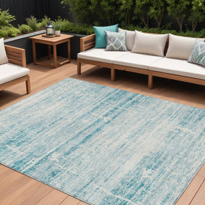 HomeRoots 9' Modern Abstract Teal Aqua and Ivory Area Rug for Indoor and Outdoor Spaces, Easy Care & Durable 9' X 12' 584672
