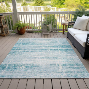 HomeRoots 9' Modern Abstract Teal Aqua and Ivory Area Rug for Indoor and Outdoor Spaces, Easy Care & Durable 9' X 12' 584672
