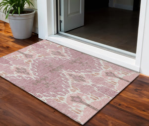 Homeroots 3' Creative Blush Pink And Ivory Ikat Washable Area Rug For Indoor Or Outdoor Spaces, Durable Design 3' X 5' Polyester 584674