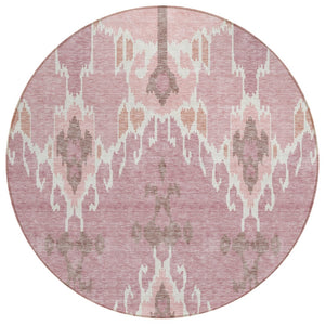 HomeRoots 5' Blush Pink and Ivory Ikat Area Rug - Stylish, Durable, Washable for Indoor and Outdoor Spaces 8' Round 584676