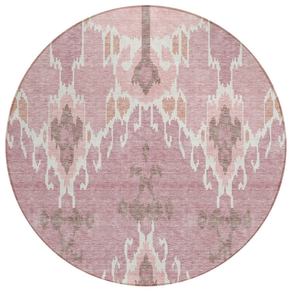 HomeRoots 5' Blush Pink and Ivory Ikat Area Rug - Stylish, Durable, Washable for Indoor and Outdoor Spaces 8' Round 584676