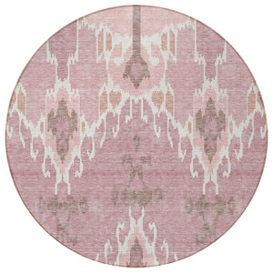 Homeroots 3' Creative Blush Pink And Ivory Ikat Washable Area Rug For Indoor Or Outdoor Spaces, Durable Design 8' Round Polyester 584676