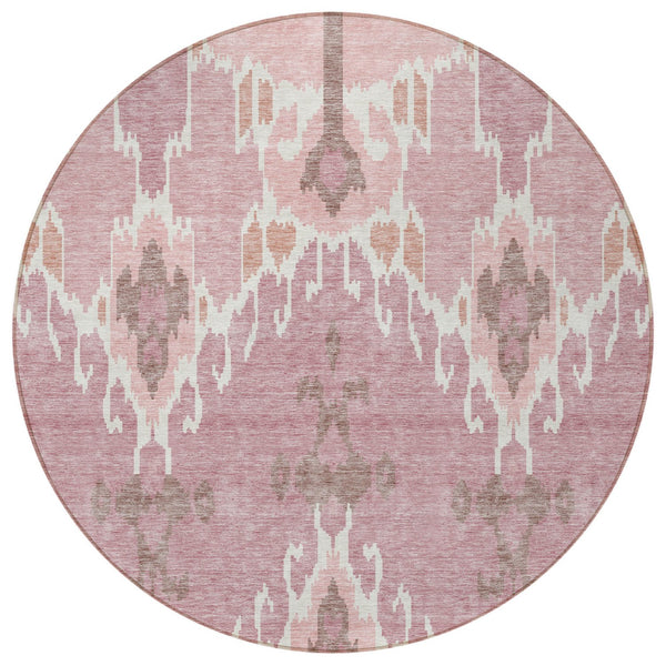 Homeroots 3' Creative Blush Pink And Ivory Ikat Washable Area Rug For Indoor Or Outdoor Spaces, Durable Design 8' Round Polyester 584676