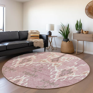 Homeroots 3' Creative Blush Pink And Ivory Ikat Washable Area Rug For Indoor Or Outdoor Spaces, Durable Design 8' Round Polyester 584676
