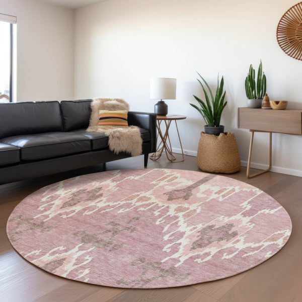 Homeroots 3' Creative Blush Pink And Ivory Ikat Washable Area Rug For Indoor Or Outdoor Spaces, Durable Design 8' Round Polyester 584676
