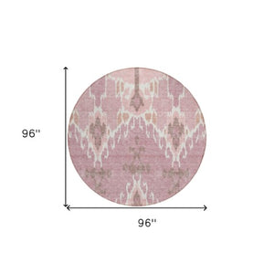 Homeroots 3' Creative Blush Pink And Ivory Ikat Washable Area Rug For Indoor Or Outdoor Spaces, Durable Design 8' Round Polyester 584676