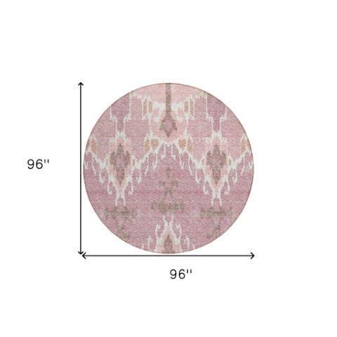 Homeroots 3' Creative Blush Pink And Ivory Ikat Washable Area Rug For Indoor Or Outdoor Spaces, Durable Design 8' Round Polyester 584676