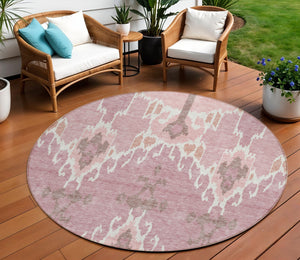 Homeroots 3' Creative Blush Pink And Ivory Ikat Washable Area Rug For Indoor Or Outdoor Spaces, Durable Design 8' Round Polyester 584676