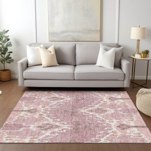 Homeroots 3' Creative Blush Pink And Ivory Ikat Washable Area Rug For Indoor Or Outdoor Spaces, Durable Design 8' X 10' Polyester 584677