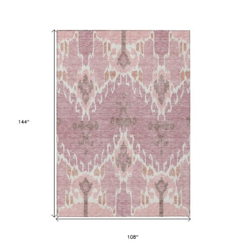 Homeroots 3' Creative Blush Pink And Ivory Ikat Washable Area Rug For Indoor Or Outdoor Spaces, Durable Design 9' X 12' Polyester 584678