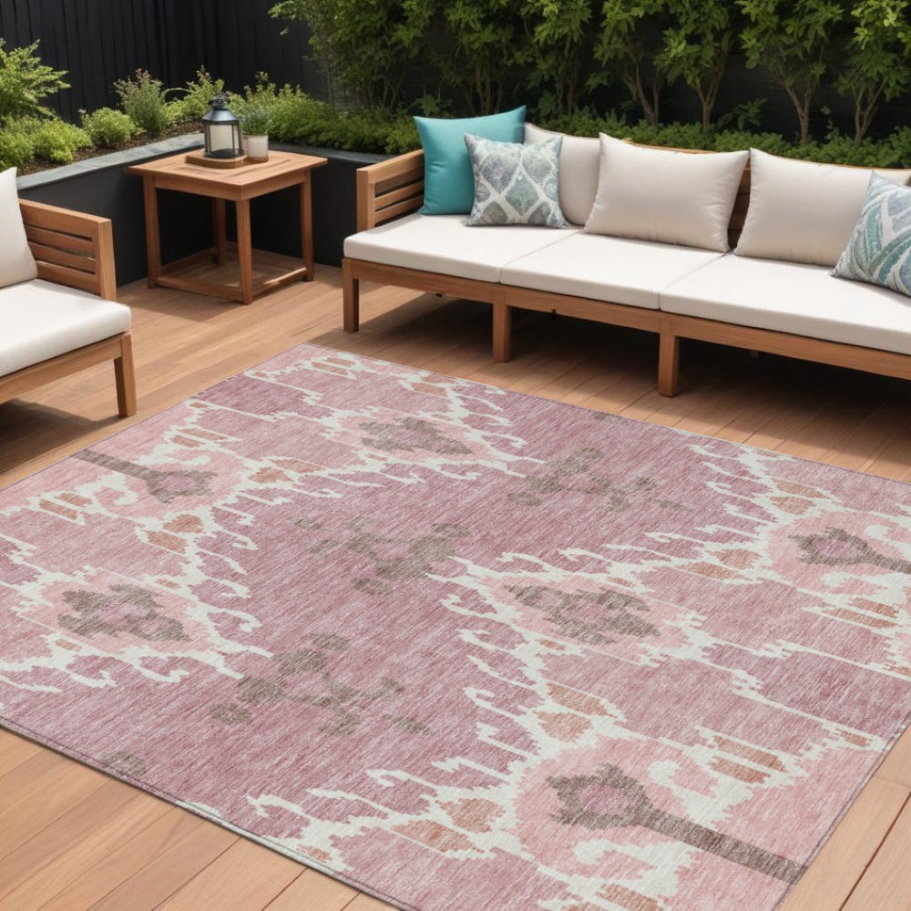HomeRoots 9' Blush Pink and Ivory Ikat Washable Area Rug - Stylish Indoor/Outdoor Accent for Any Space 9' X 12' 584678