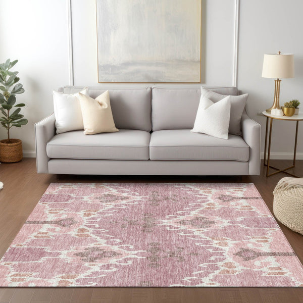 Homeroots 3' Creative Blush Pink And Ivory Ikat Washable Area Rug For Indoor Or Outdoor Spaces, Durable Design 9' X 12' Polyester 584678