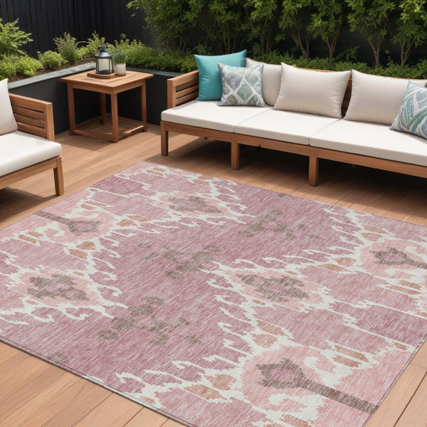 Homeroots 3' Creative Blush Pink And Ivory Ikat Washable Area Rug For Indoor Or Outdoor Spaces, Durable Design 10' X 14' Polyester 584679