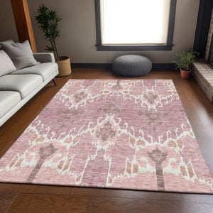 Homeroots 3' Creative Blush Pink And Ivory Ikat Washable Area Rug For Indoor Or Outdoor Spaces, Durable Design 10' X 14' Polyester 584679