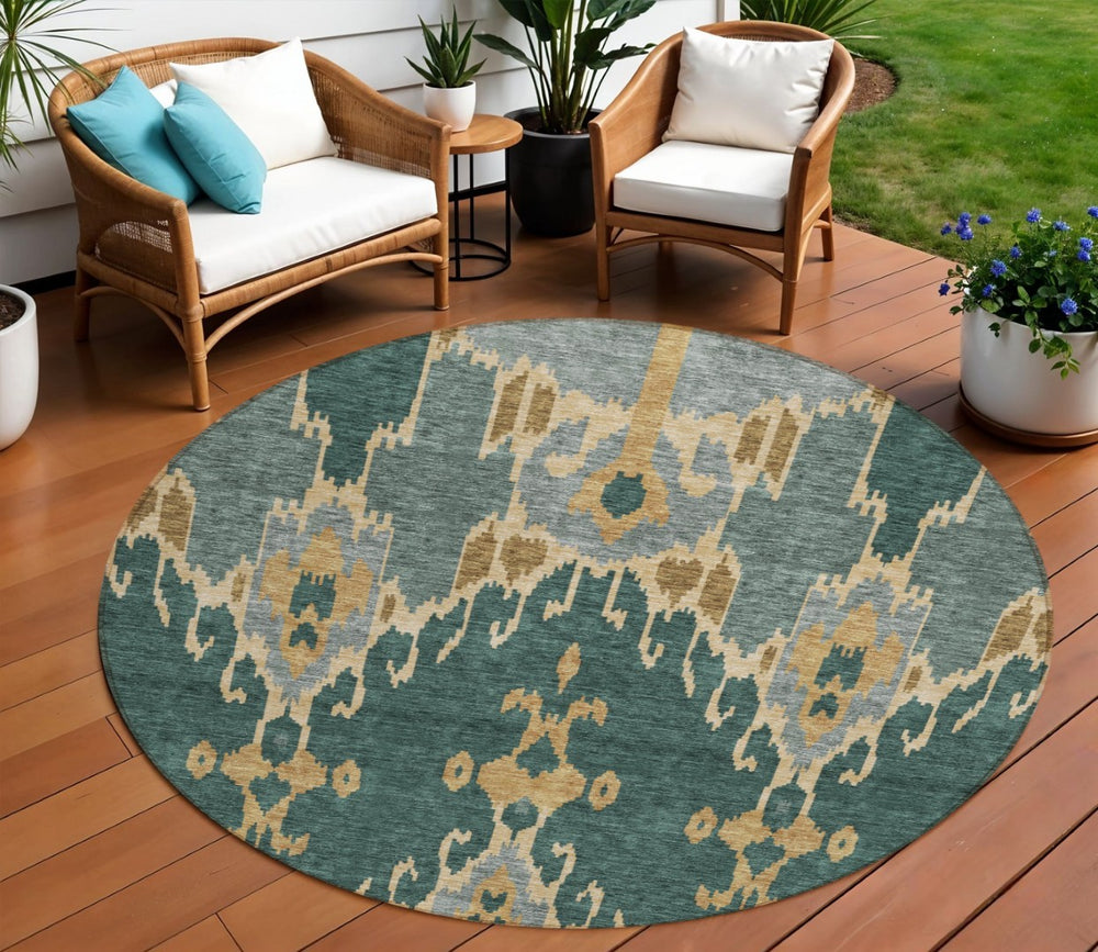HomeRoots 5' Stylish Ikat Washable Area Rug in Green, Gray & Gold for Indoor/Outdoor High-Traffic Spaces 8' Round 584688