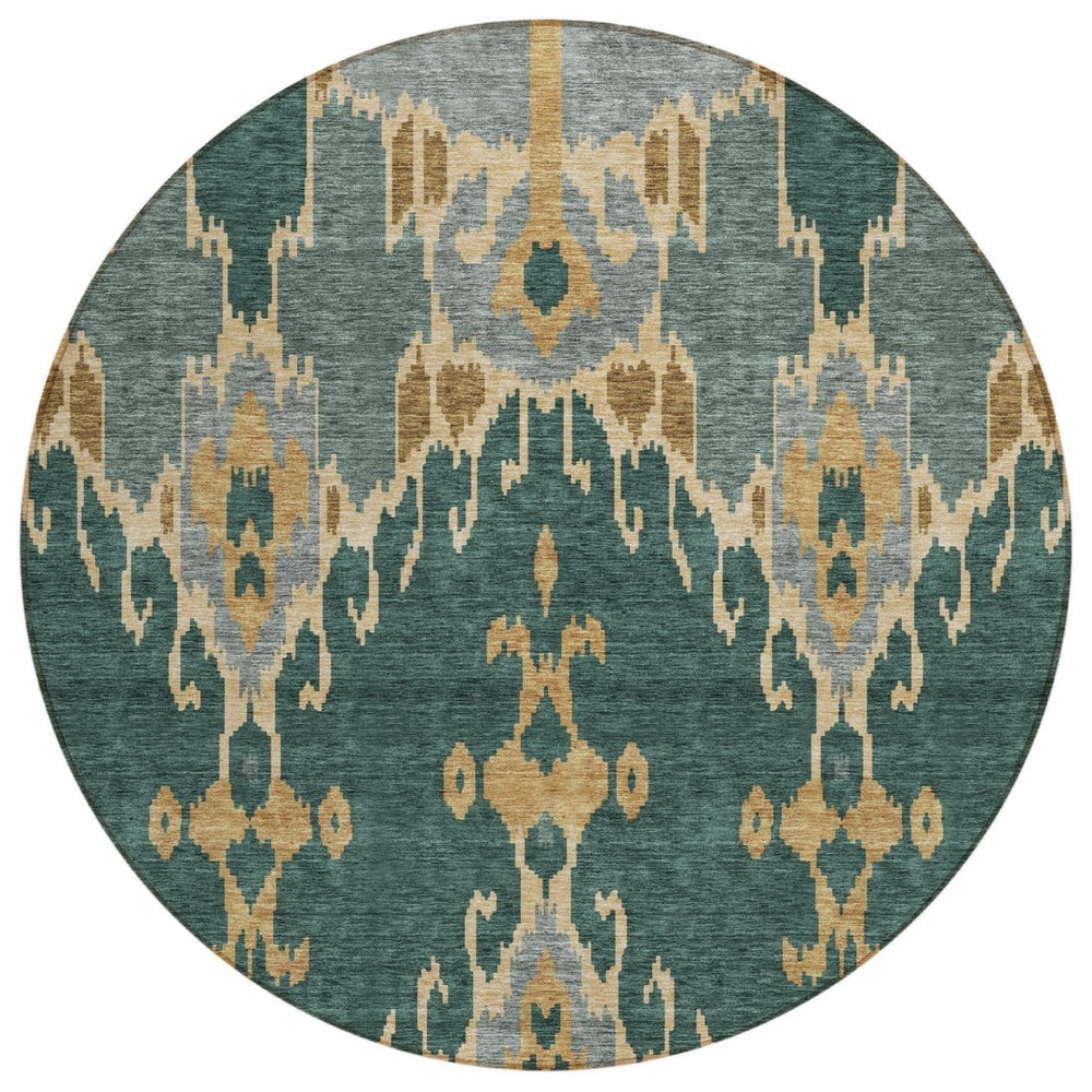 HomeRoots 5' Stylish Ikat Washable Area Rug in Green, Gray & Gold for Indoor/Outdoor High-Traffic Spaces 8' Round 584688
