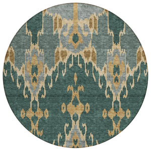 HomeRoots 5' Stylish Ikat Washable Area Rug in Green, Gray & Gold for Indoor/Outdoor High-Traffic Spaces 8' Round 584688