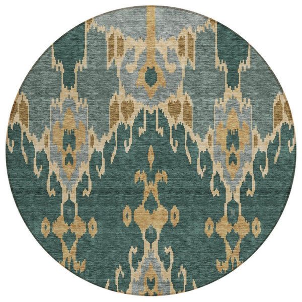 HomeRoots 5' Stylish Ikat Washable Area Rug in Green, Gray & Gold for Indoor/Outdoor High-Traffic Spaces 8' Round 584688
