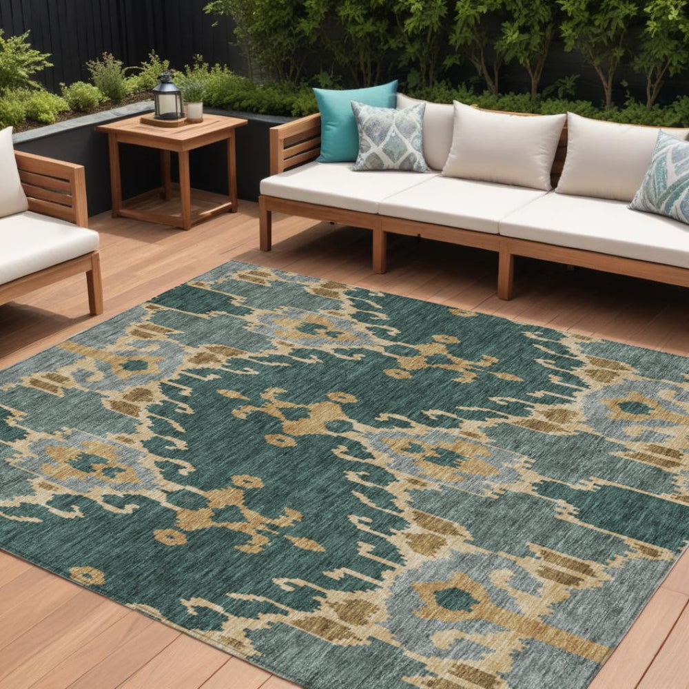 HomeRoots 9' Ikat Area Rug - Stylish Green, Gray, and Gold Design for Indoor & Outdoor Use, Easy-Care Fabric 9' X 12' 584690