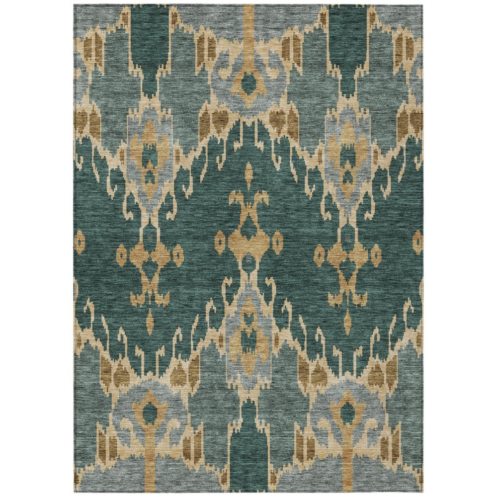HomeRoots 9' Ikat Area Rug - Stylish Green, Gray, and Gold Design for Indoor & Outdoor Use, Easy-Care Fabric 9' X 12' 584690