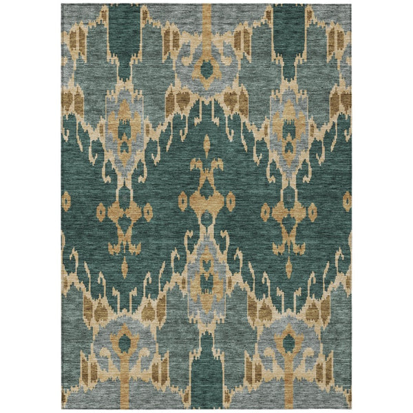 HomeRoots 9' Ikat Area Rug - Stylish Green, Gray, and Gold Design for Indoor & Outdoor Use, Easy-Care Fabric 9' X 12' 584690