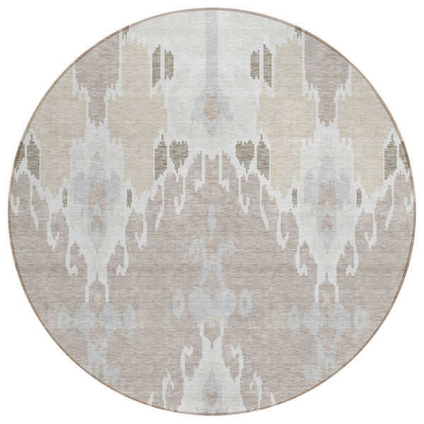 HomeRoots 5' Stylish Ikat Area Rug in Ivory, Beige, and Taupe - Durable, Washable for Indoor and Outdoor Use 8' Round 584700