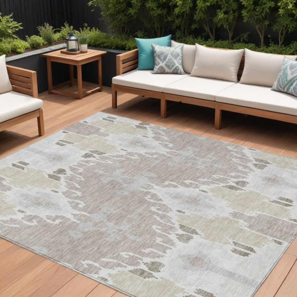 HomeRoots 9' Ikat Washable Area Rug in Ivory Beige and Taupe - Durable, Stylish for Indoor and Outdoor Spaces 9' X 12' 584702