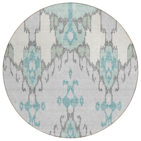 HomeRoots 5' Refreshing Mint Green Teal Blue Ivory Ikat Indoor Outdoor Area Rug - Stylish & Durable Design 8' Round 584706