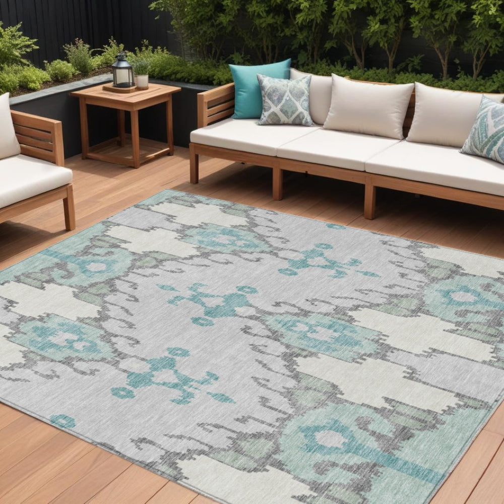 HomeRoots 5' Refreshing Mint Green Teal Blue Ivory Ikat Indoor Outdoor Area Rug - Stylish & Durable Design 8' X 10' 584707