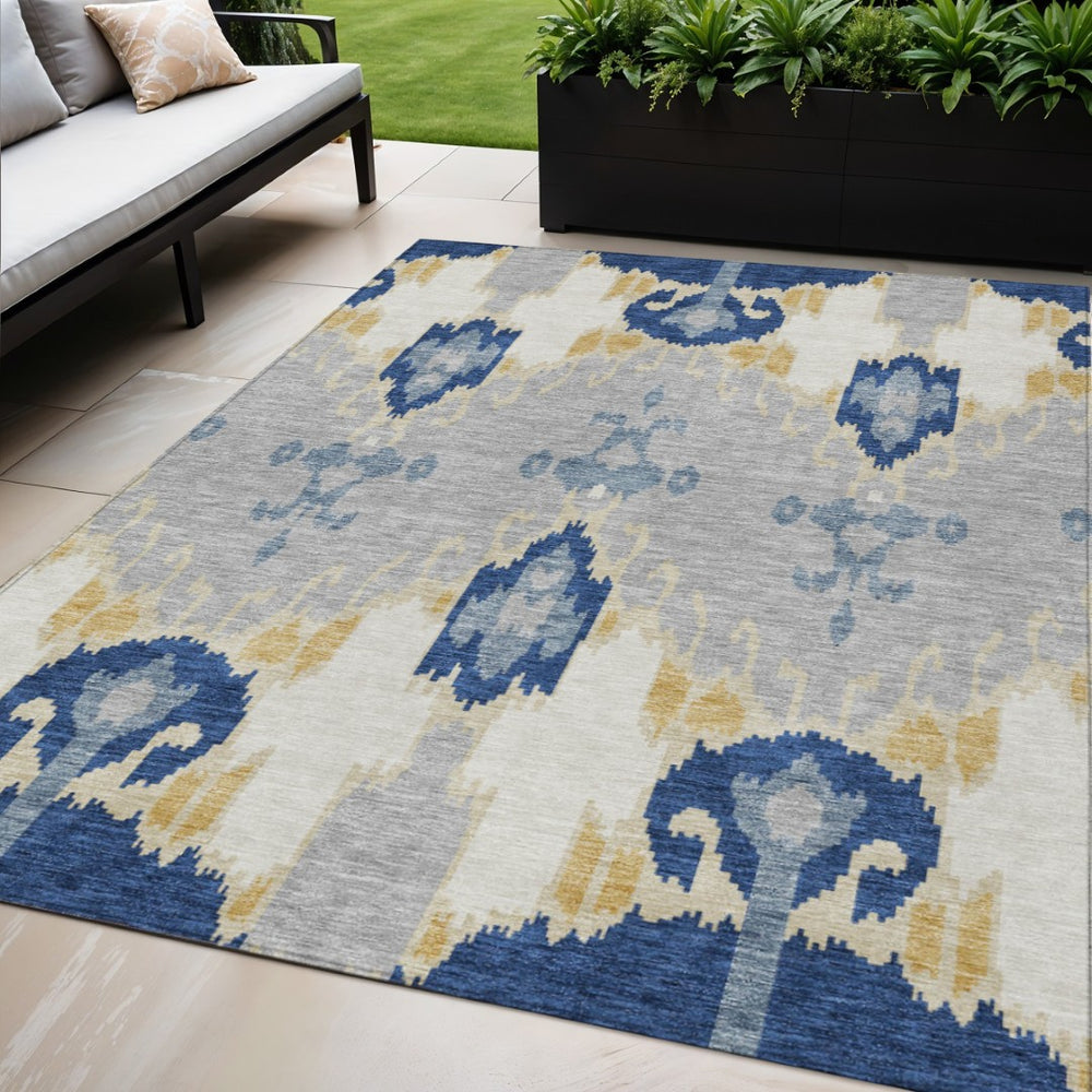 HomeRoots 5' Stylish Ikat Area Rug in Navy Blue, Ivory, and Gray – Durable, Washable for Indoor & Outdoor Use 5' X 8' 584711