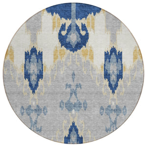 HomeRoots 5' Stylish Ikat Area Rug in Navy Blue, Ivory, and Gray – Durable, Washable for Indoor & Outdoor Use 8' Round 584712