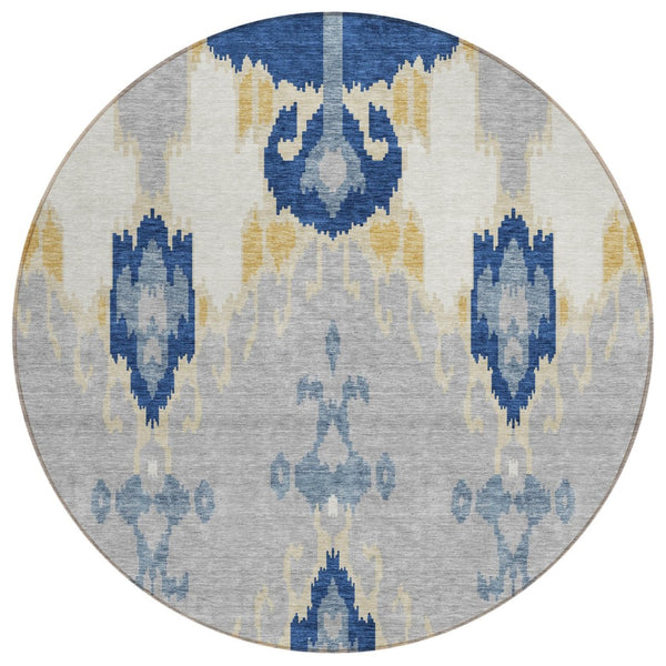HomeRoots 5' Stylish Ikat Area Rug in Navy Blue, Ivory, and Gray – Durable, Washable for Indoor & Outdoor Use 8' Round 584712