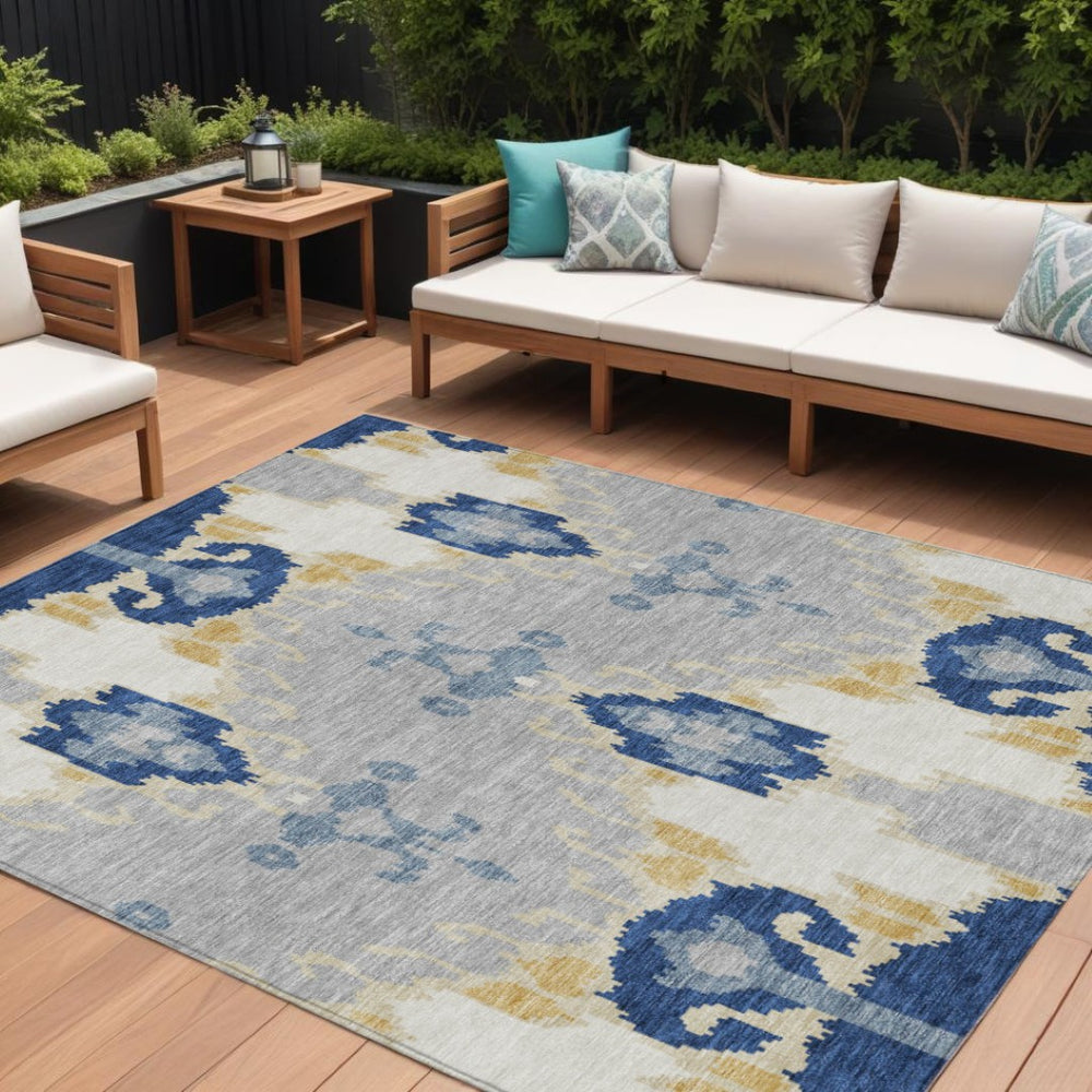 HomeRoots 9' Navy Blue, Ivory & Gray Ikat Washable Area Rug for Indoor & Outdoor Durability and Style 9' X 12' 584714