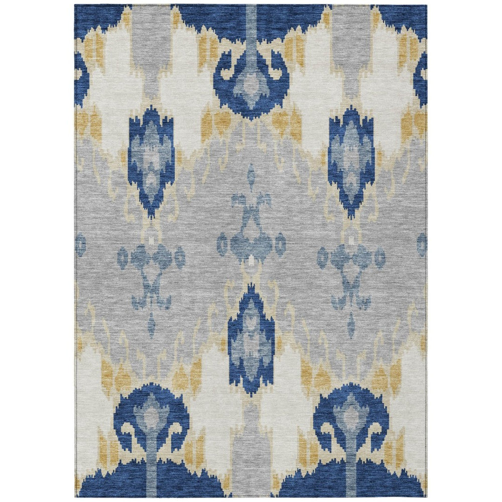 HomeRoots 9' Navy Blue, Ivory & Gray Ikat Washable Area Rug for Indoor & Outdoor Durability and Style 9' X 12' 584714