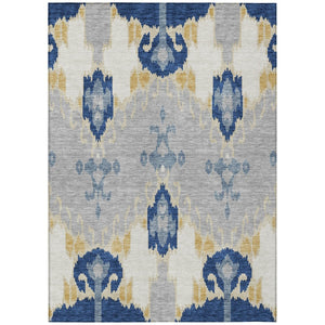 HomeRoots 9' Navy Blue, Ivory & Gray Ikat Washable Area Rug for Indoor & Outdoor Durability and Style 9' X 12' 584714