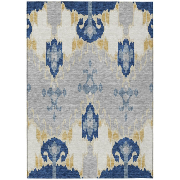 HomeRoots 9' Navy Blue, Ivory & Gray Ikat Washable Area Rug for Indoor & Outdoor Durability and Style 9' X 12' 584714